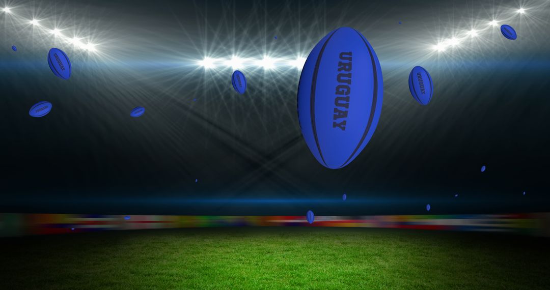 Blue Rugby Balls with Uruguay Text in Stadium