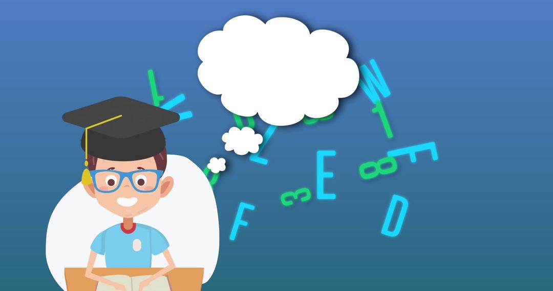 Boy Learning Concept with Floating Letters and Numbers
