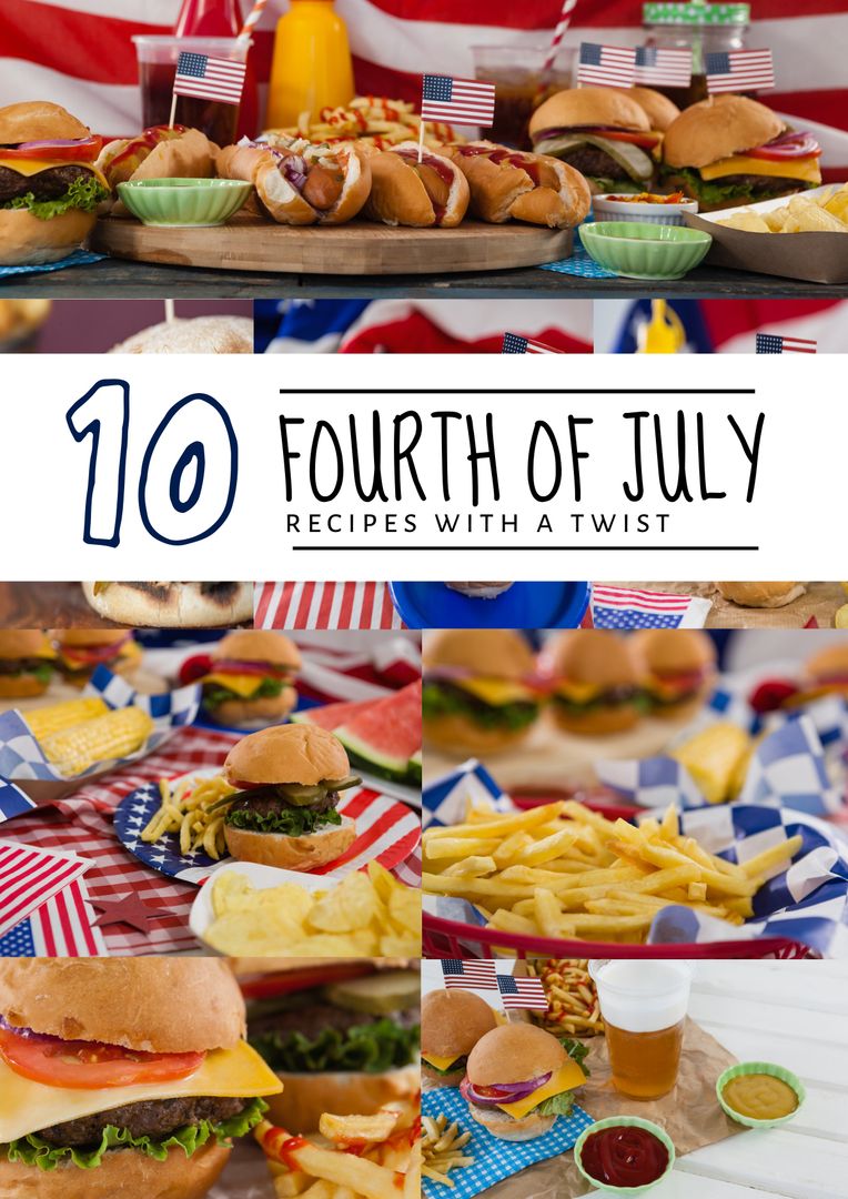 Fourth of July Picnic Food Layout with Burgers, Hotdogs, and Fries - Download Free Stock Templates Pikwizard.com