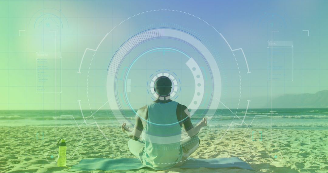 Digital Wellness: Man Meditating on Seaside Sand