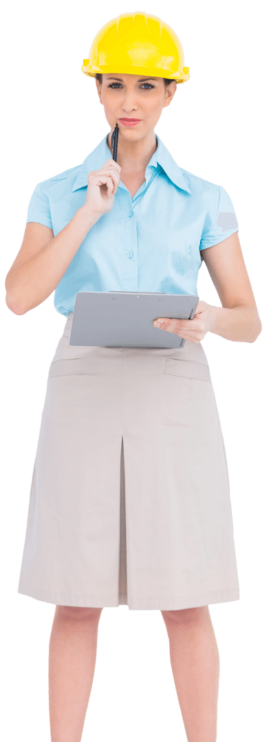 Transparent Female Architect with Hard Hat Holding Clipboard Thinking Pose