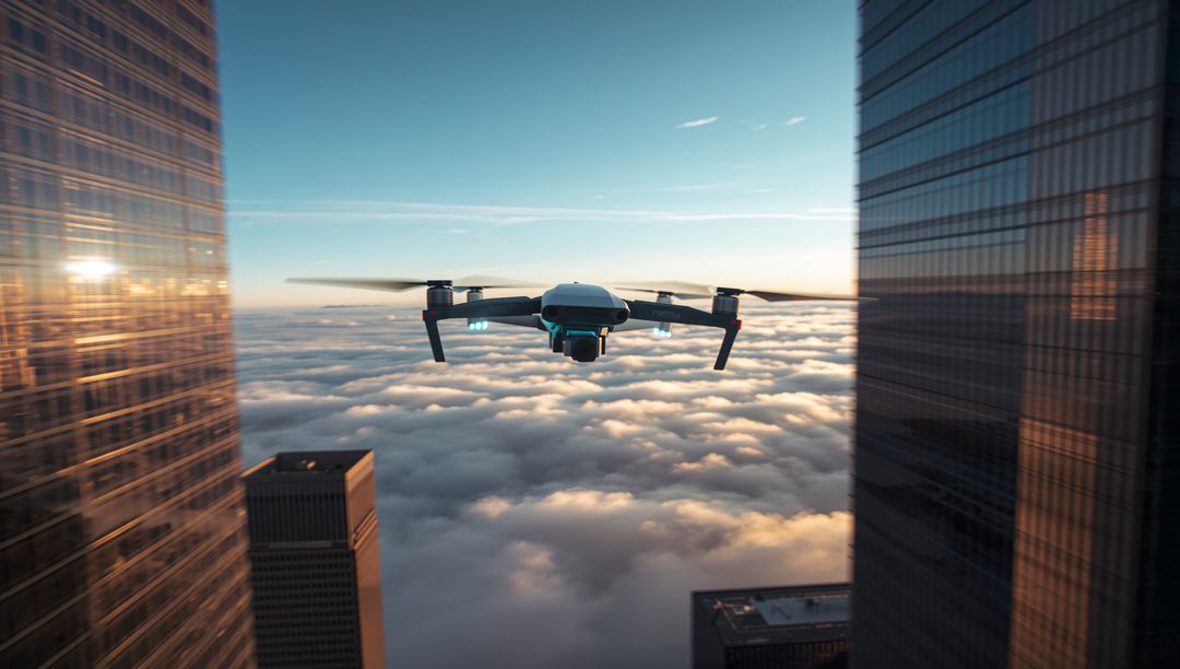 Flying compact quadcopter navigating city canyon at sunrise above clouds and skyscrapers