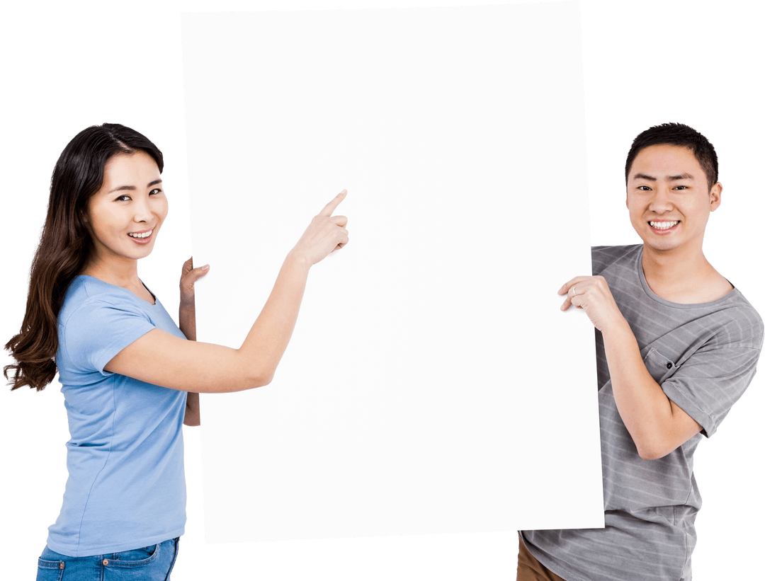 Happy Couple Holding Blank Transparent Billboard