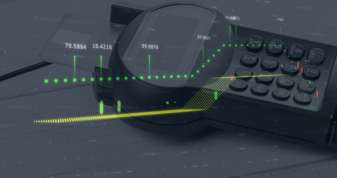 Financial Data Overlaid on Payment Terminal Illustrates Modern Commerce