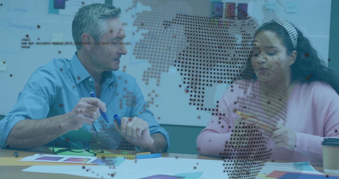 Colleagues Discussing Project with Digital Globe Interface Overlay