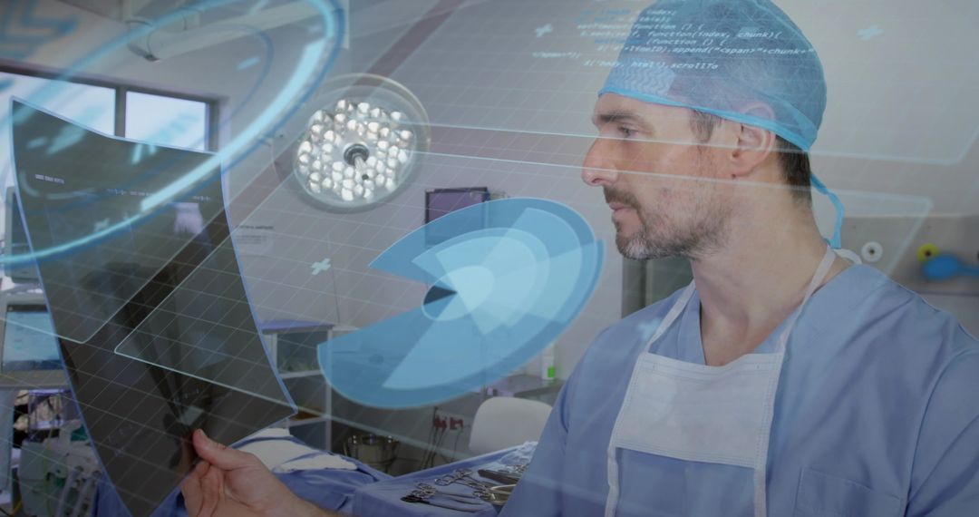 Surgeon Reviewing Radiographs with Holographic Interface in High-Tech Operating Room