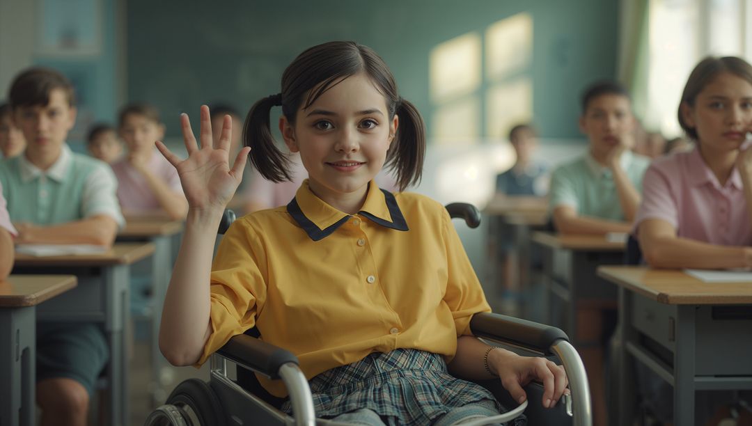 Inclusive Classroom: Girl in Wheelchair Raising Hand