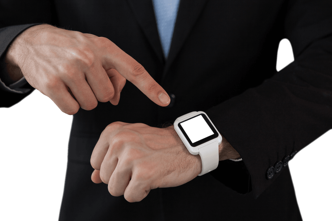 Businessman Pointing at Transparent Smart Watch Mid Section View