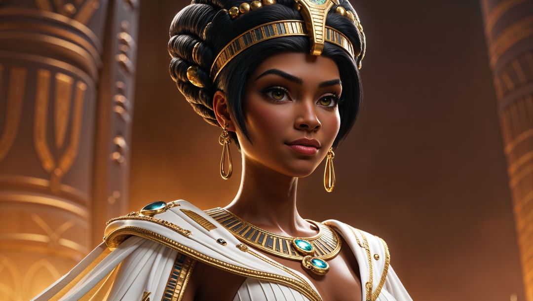 Regal queen cleopatra in white gown with gold trim amidst ancient palace