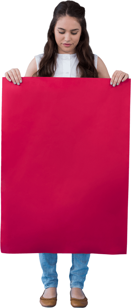 Focused Woman Holding Red Blank Card on Transparent Background