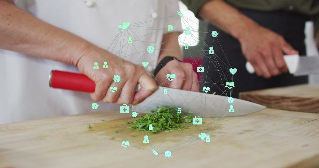 Digital Network Interface over People Chopping Vegetables