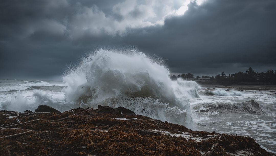 Dramatic Waves Crashing Against Rocky Shore Under Stormy Sky