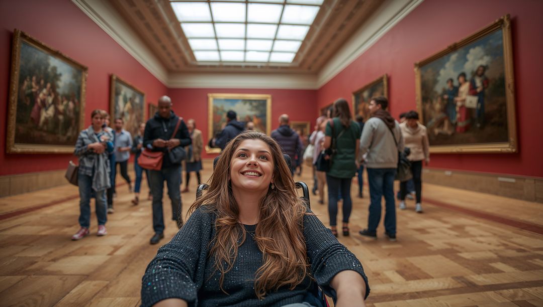 Woman in Wheelchair Enjoying Art in Gallery with Red Interior