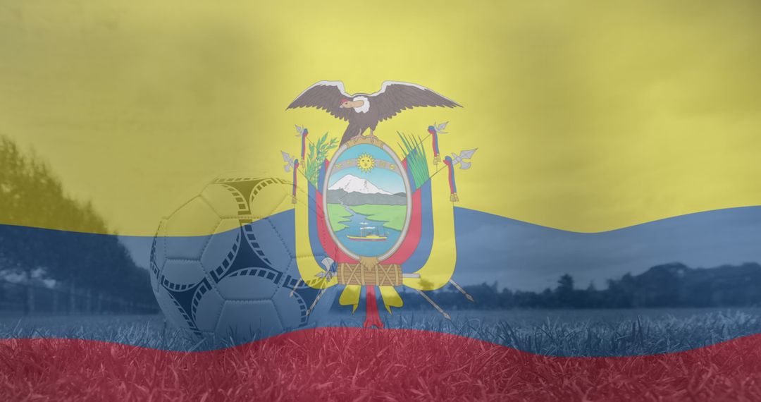 Waving Ecuador Flag Over Soccer Ball on Field