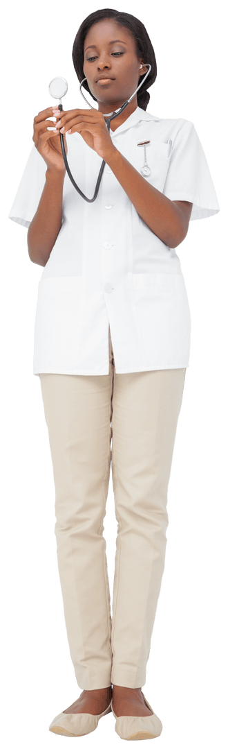 Confident Young Nurse Checking Stethoscope on Transparent Background