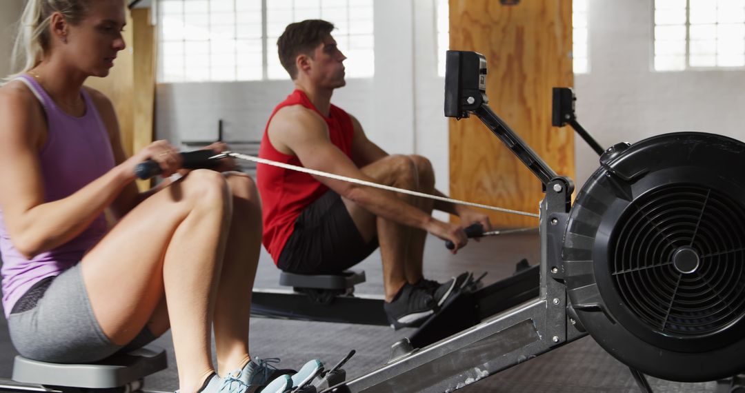 Two Athletes Exercising on Rowing Machines in Modern Gym - Free Images, Stock Photos and Pictures on Pikwizard.com