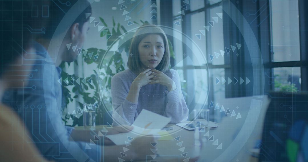 Professional Business Meeting with Futuristic Technological Overlay