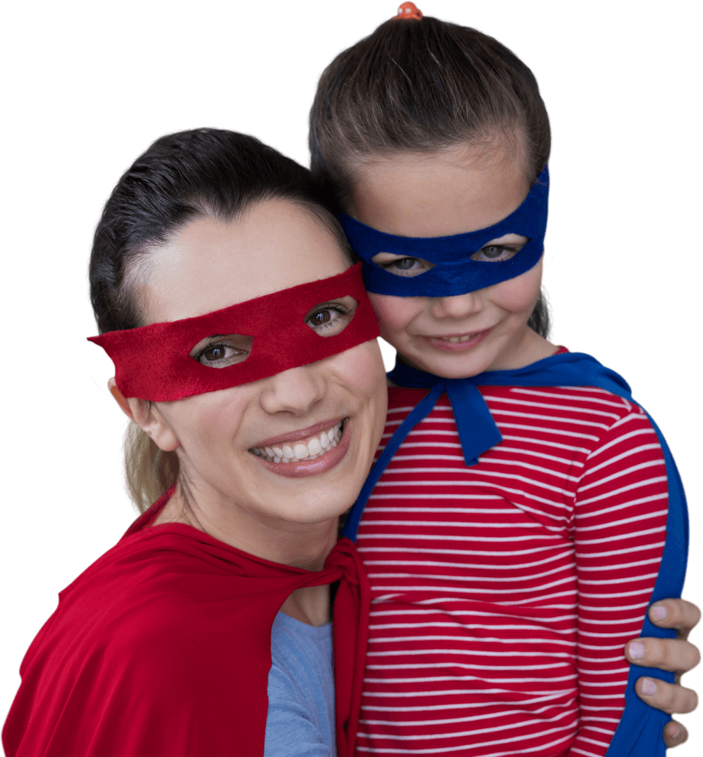 Smiling Mother and Child Pretending Superheroes Transparent Background