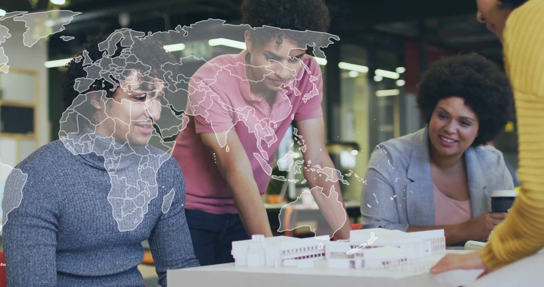 Creative Team Reviewing Architectural Scale Model with Global Map Interlay