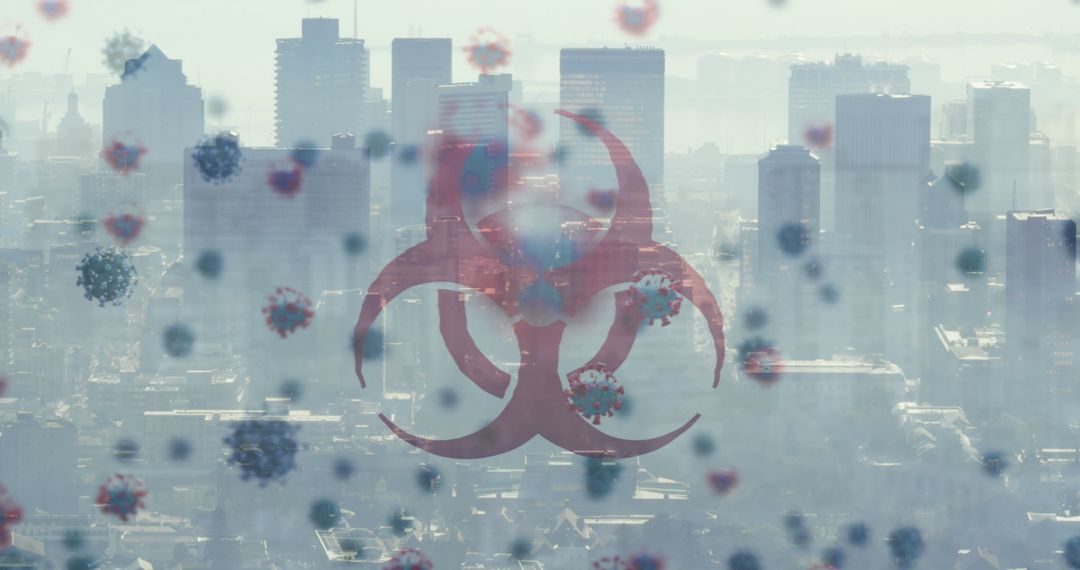 Biohazard Symbol and Virus Cells Overlay on Cityscape