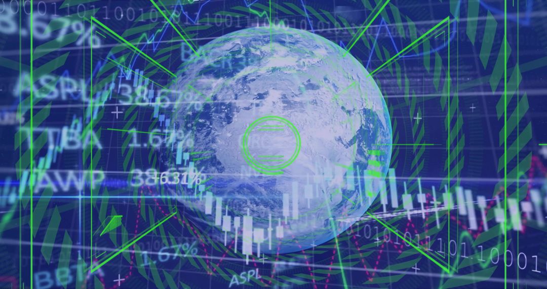 Rotating Earth Globe Displaying Global Financial Data Overlays and Candlestick Charts