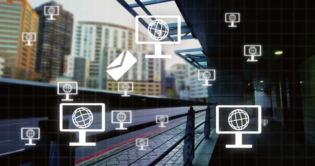 Global Network Overlay on Urban Train Station Platform