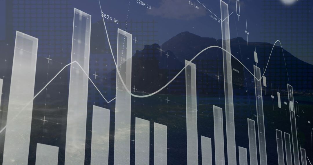 Digital Financial Analytics Overlaying Majestic Mountain Landscape