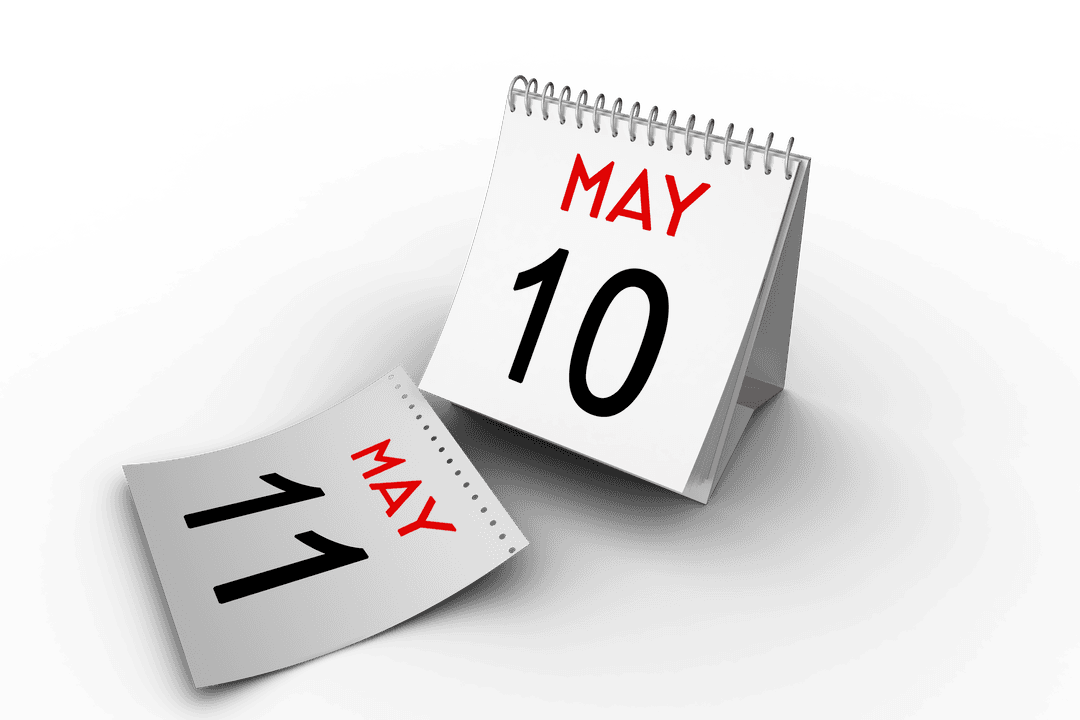 Transparent Desk Calendar Showing May 10 in Bold Letters