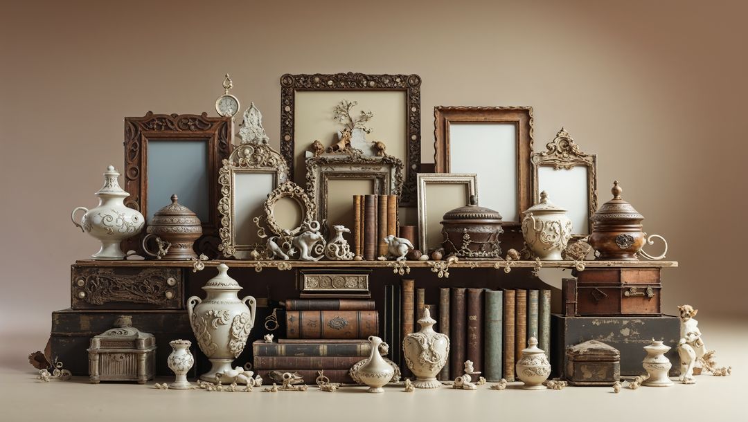Vintage Collection of Ornate Frames and Antique Objects on Table Display