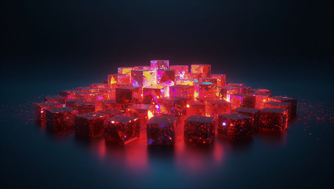 Glowing Translucent Cubes on Dark Tabletop with Sparkling Particles