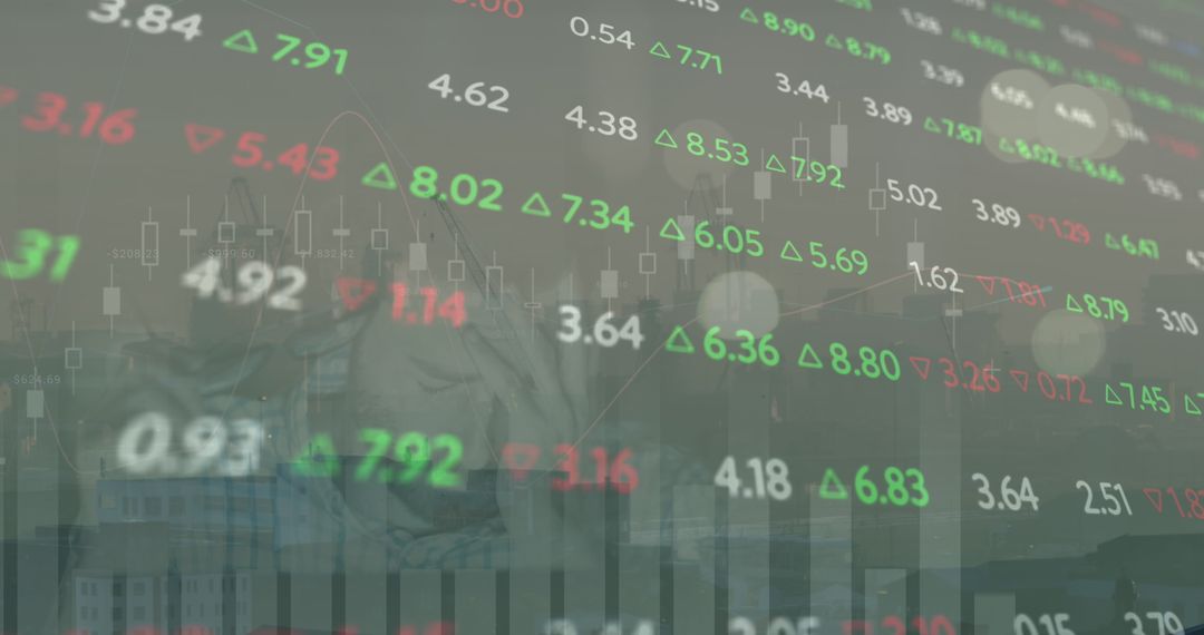 Global Financial Data Overlay on Cityscape Illustrating Market Dynamics