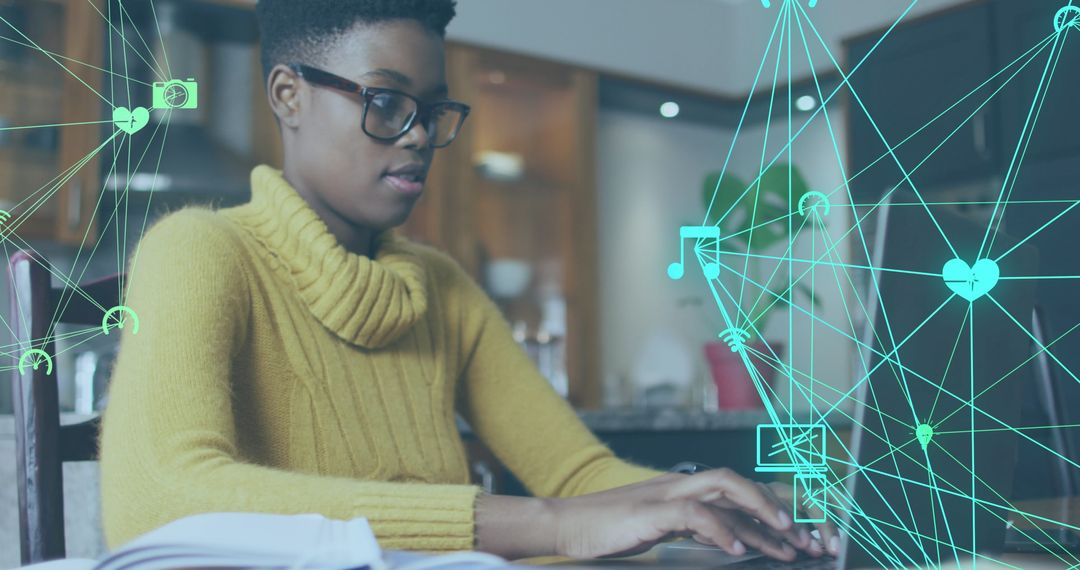 Woman Using Laptop with Digital Network Overlay Icons