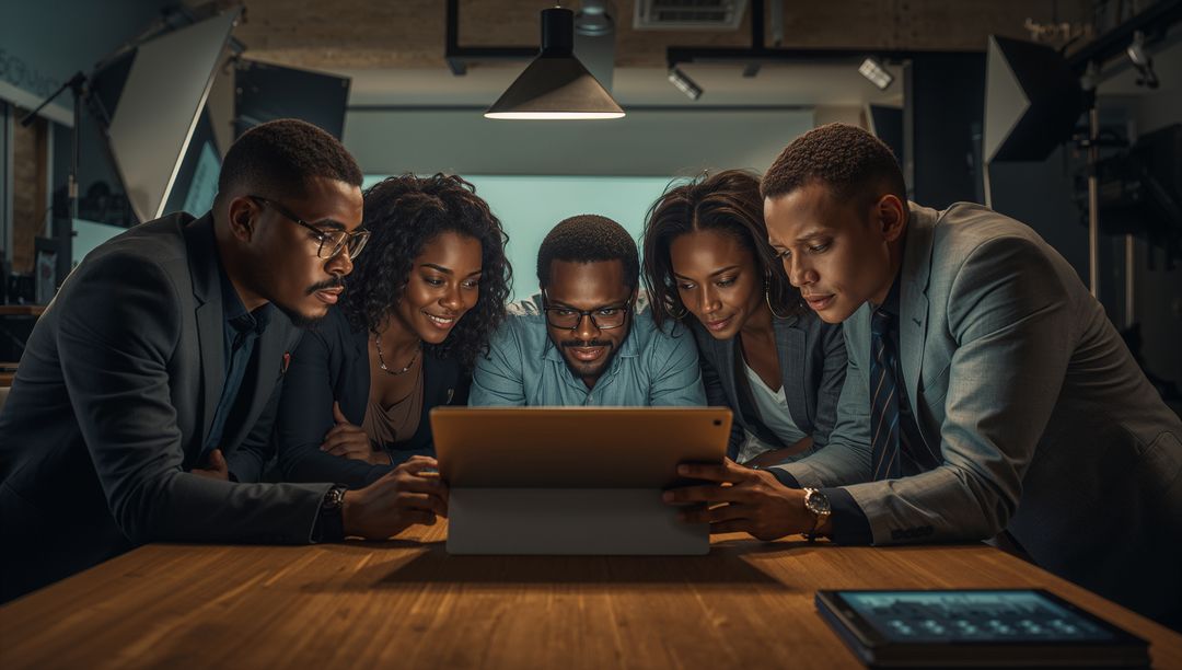 Diverse Professionals Collaborating with Tablet in Studio Setting