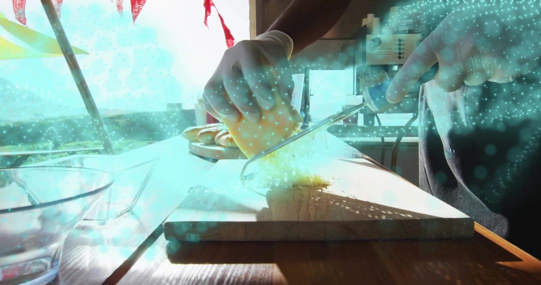 Chef Slicing Cheese with Knife on Rustic Wooden Board in Bright Kitchen
