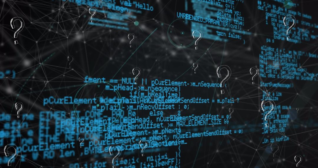 Digital network with code and question marks conceptualizing uncertainty