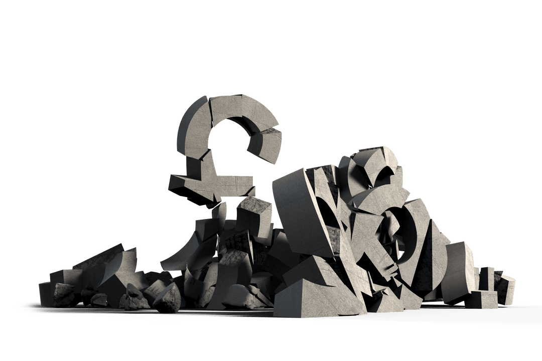 Fragmented Currency Symbols on Transparent Background Illustrating Economic Collapse