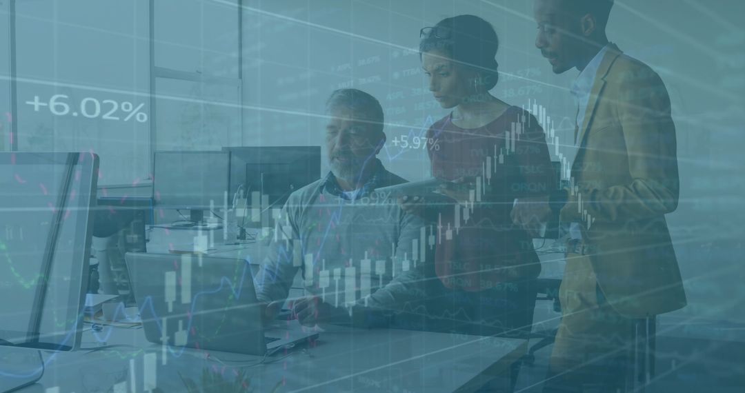 Team of Professionals Analyzing Digital Data Trends in Modern Office