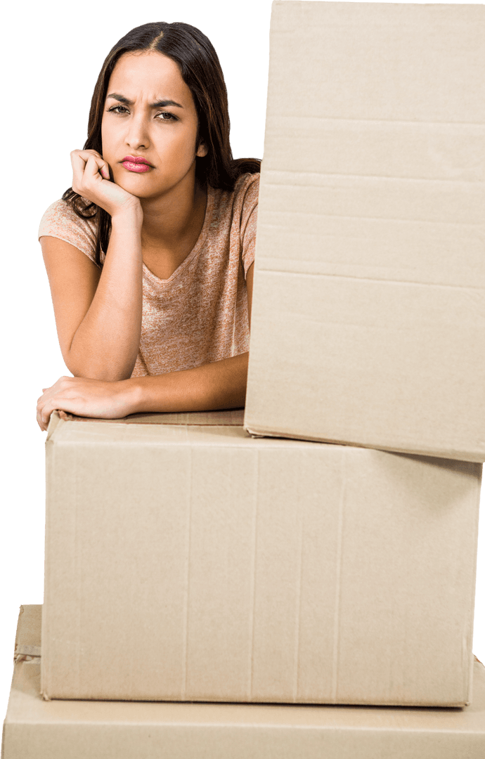 Thoughtful Woman Leaning on Cardboard Boxes on Transparent Background