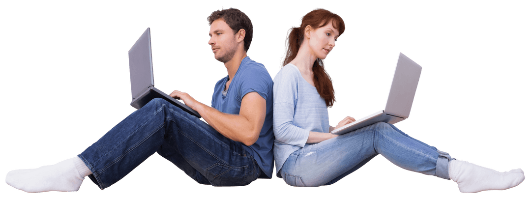 Transparent Image of Caucasian Couple Using Laptops Back to Back