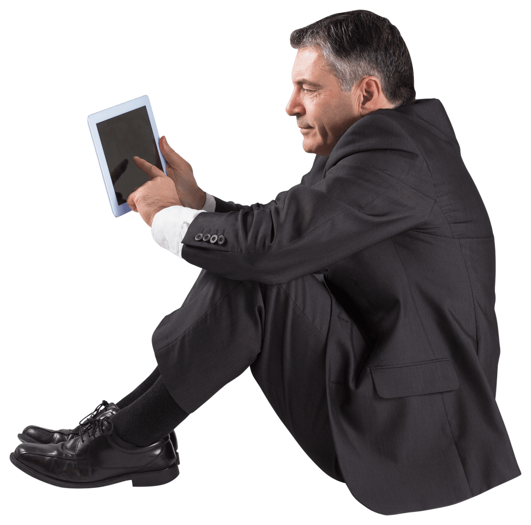 Transparent Mature Businessman Sitting While Engaged with Tablet
