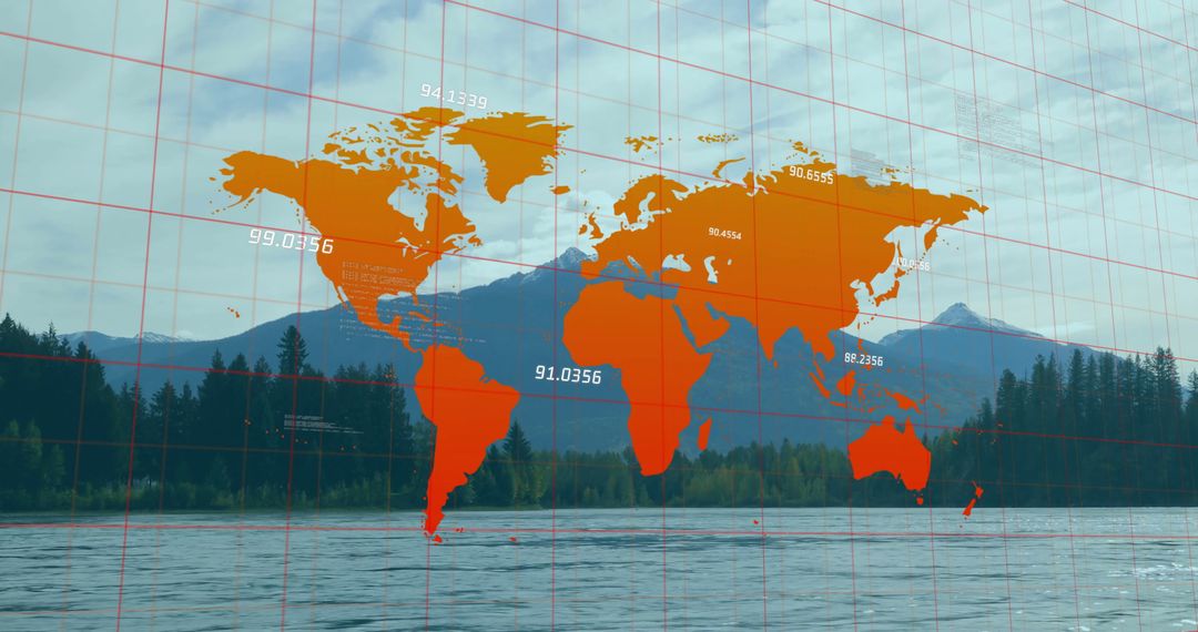 World Map Overlay on Tranquil Alpine Lake Landscape