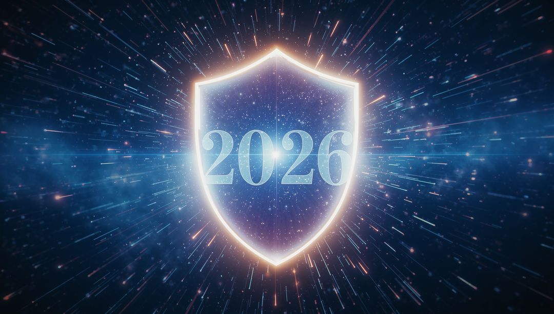 Neon Shield Emblem 2026 Radiating Futuristic Energy in Cosmic Digital Space