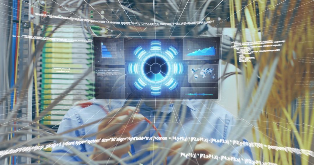 IT Engineer Handling Server Cables with Digital Interface Overlay