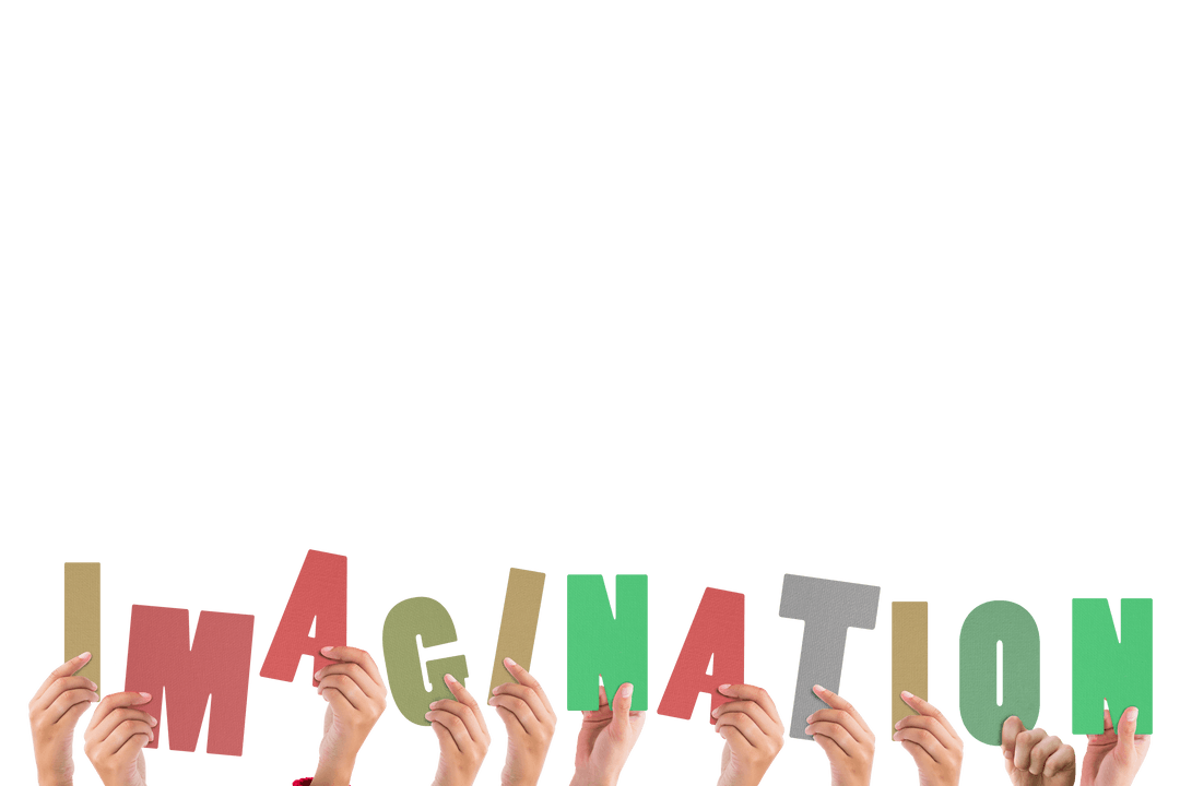 Hands Lifting Colorful Letter Blocks Spelling Imagination Transparent