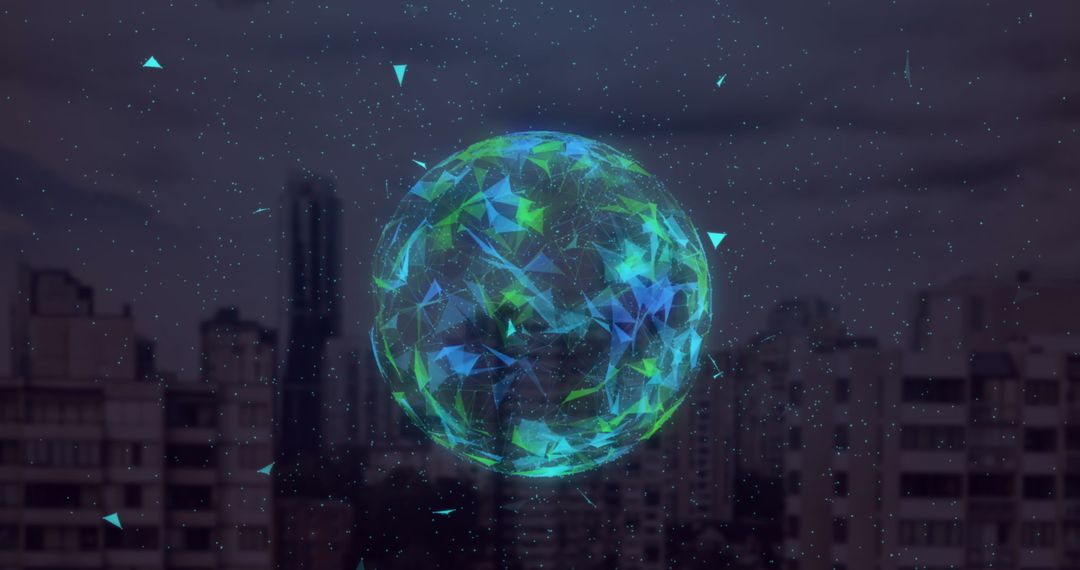 Floating Geometric Sphere Over Modern Cityscape at Dusk