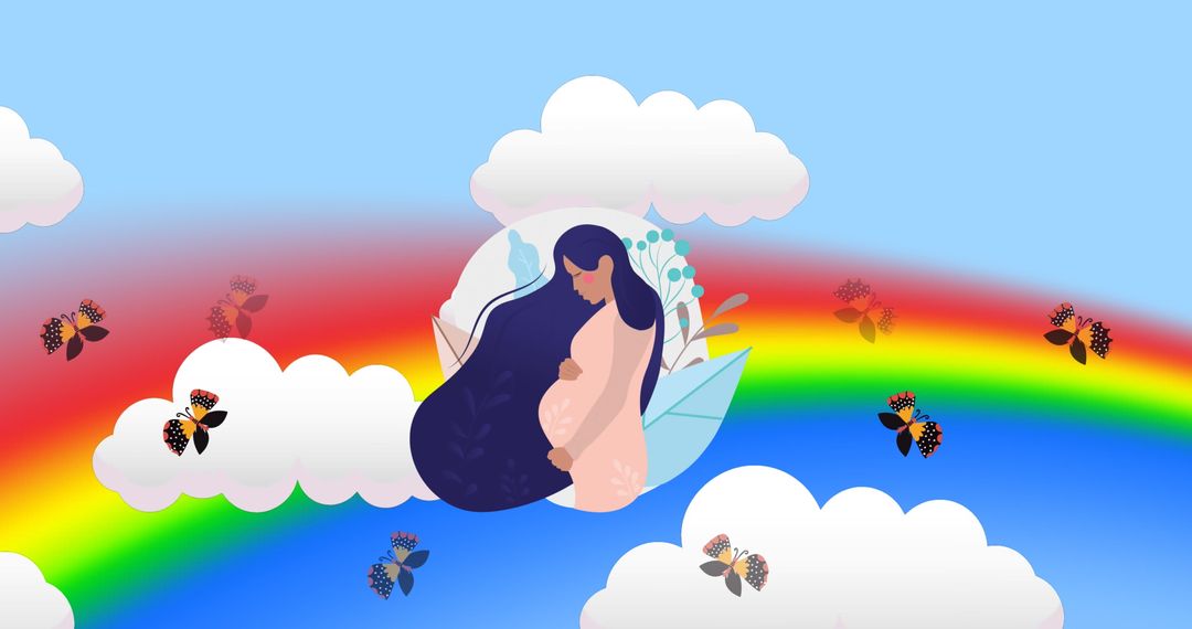 Tranquil Pregnancy: Woman Floating Above Clouds with Rainbow - Free Images, Stock Photos and Pictures on Pikwizard.com