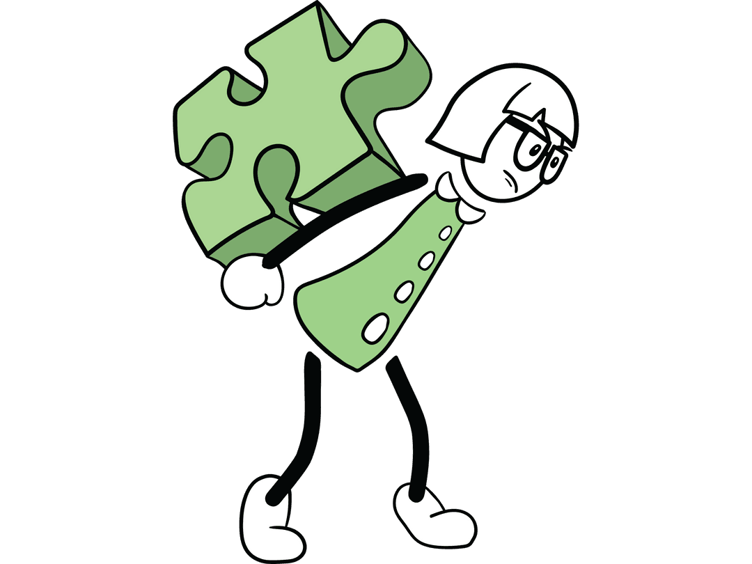 Cartoon Sad Female Figure Holding Puzzle Piece on Transparent Background