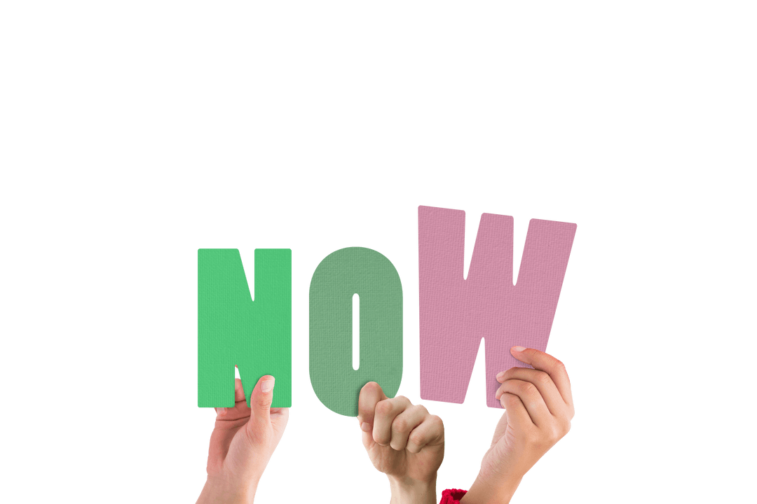 Hands Holding Colorful Transparent Letters Forming 'Now'
