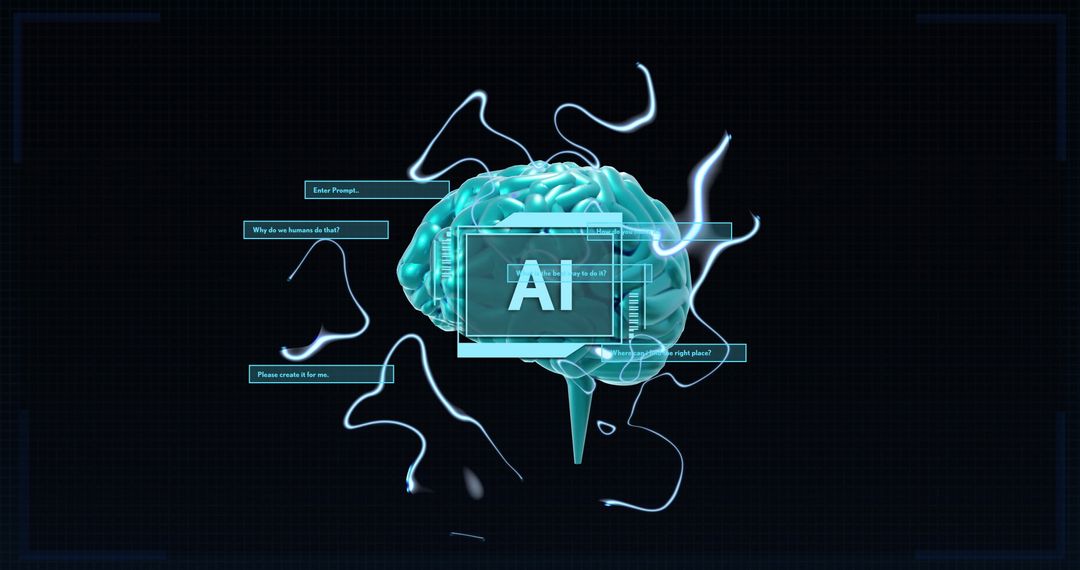 Digital AI Brain with Data Streams on Black Background