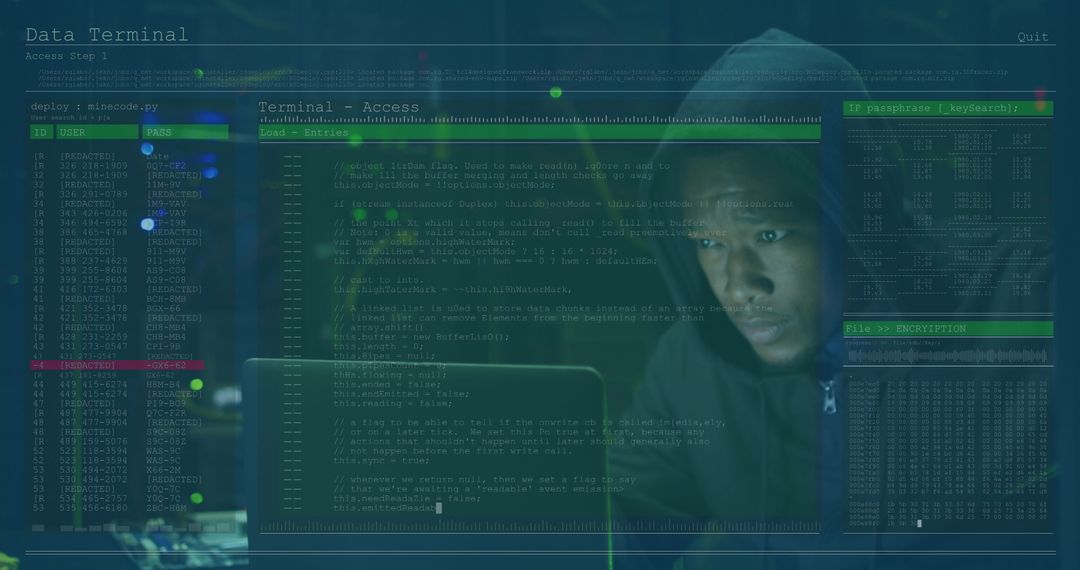Focused Hacker in Data Terminal with Cybersecurity Interface - Free Images, Stock Photos and Pictures on Pikwizard.com